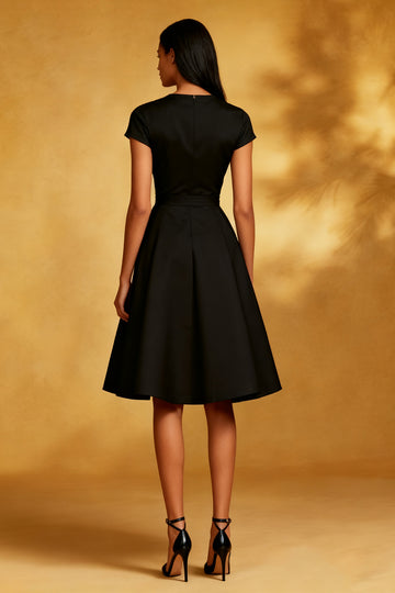 A Line Round Neck Midi Black Dress with Short Sleeves